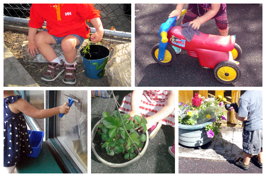 Children pulling weeds, cleaning toys and windows, planting, and watering flowers.