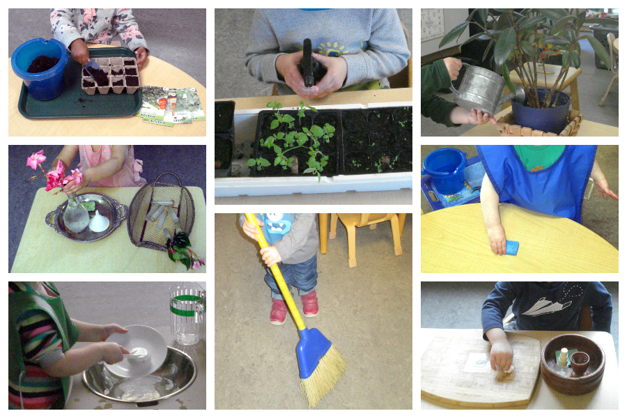Children working with plants, arranging flowers, washing dishes and a table, sweeping, and polishing wood.