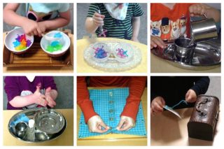 Children scooping, tonging, pouring, whisking, using a button dressing frame, and sewing.