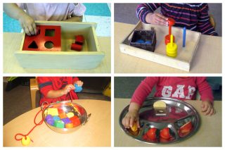 Children using a shape sorter, 3 dowels with rings, lacing beads, and sorting 3 objects