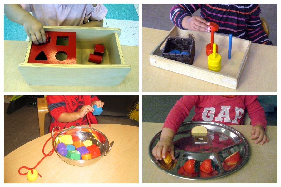 Children using a shape sorter, 3 dowels with rings, lacing beads, and sorting 3 objects.