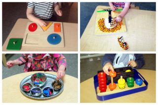 Children working on puzzles, sorting 4 objects, and 5 dowels with rings.