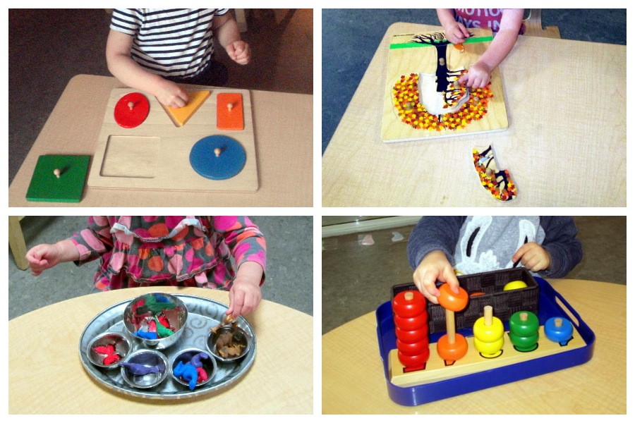 Children working on puzzles, sorting 4 objects, and 5 dowels with rings.