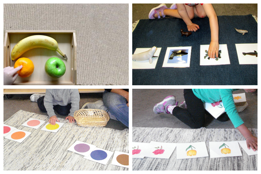 Children touching fruit in a tray, matching sea life objects to photos, working with colour nomenclature cards, and matching pairs of illustrations.