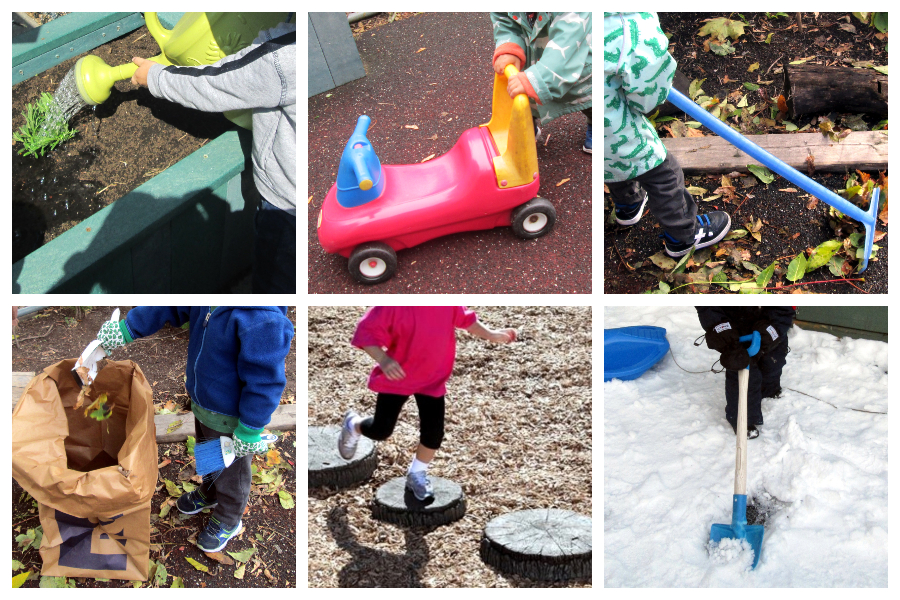 Children watering plants, scootering, raking, using a brush and dust pan, using stepping stones, and shoveling.