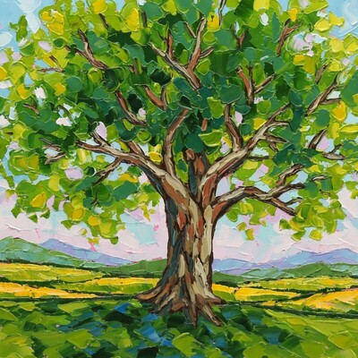 An oak tree and landscape watercolour painting